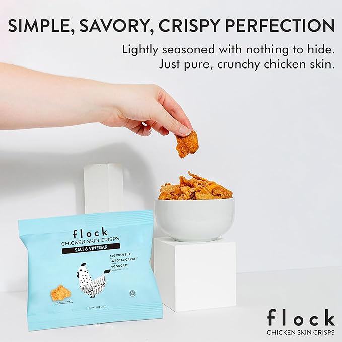 Flock Keto Chicken Skin Chips | Salt and Vinegar Flavor | Low Carb, High Protein, Gluten-Free Chicken Crisps, Keto Snack, Low Carb Chips, Protein Crackers, Diet Snacks, 8-Pack (1oz)