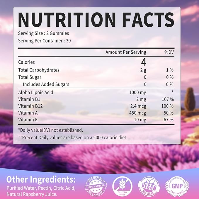 (2 Packs) Alpha Lipoic Acid Gummies 1000Mg with Vitamin B1, B12, A, E - High Absorption Sugar Free Chewable ALA Supplement for Energy Support,Raspberry Flavor, 60 Gummies