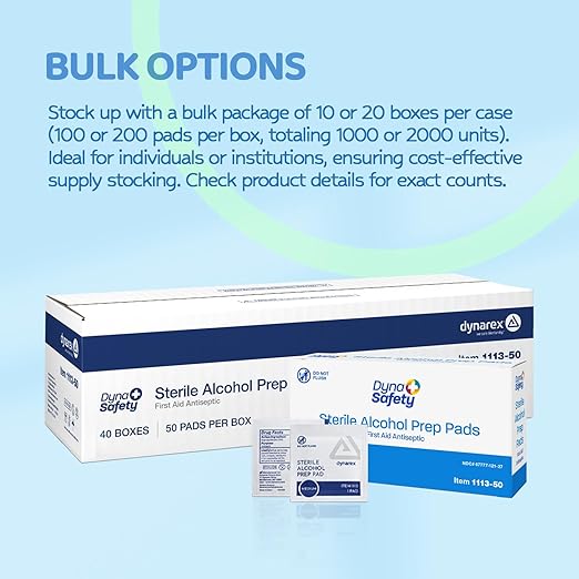 Dynarex DynaSafety Sterile Alcohol Prep Pads - Medium - 70% Isopropyl Alcohol, Individually Wrapped, Soft Cleaning Wipes - Box of 50