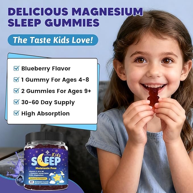 Kids Sleep Gummies Melatonin Free - with Magnesium Glycinate, Lemon Balm, L-Theanine & GABA - Calming Relaxation, Support Natural Sleep, Quiet Mind - Berry Flavor, Non-Habit Forming, 120 Count