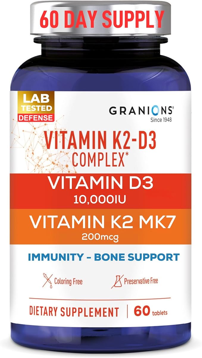 Granions Max Strength Vitamin D3 K2 Supplement - 250mcg (10,000 IU) D3 + 200mcg Vitamin K2 (MK-7) - Vitamins for Bone Health, Immune Support Supplements VIT K2D3-2 Month, 60 Tablets