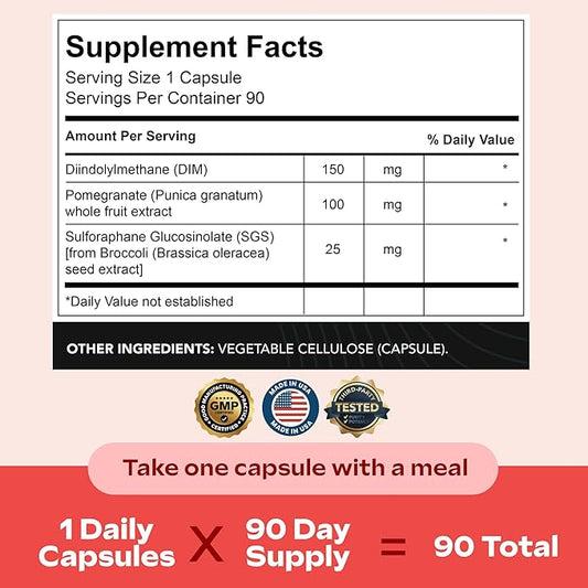 DIM SGS+ Supplement for Women/Men Hormone Balance & Detox Support - Plant-Based Estrogen Blocker for Men - DIM Supplement with Sulforaphane Glucosinolate & Pomegranate - 90 Day Supply