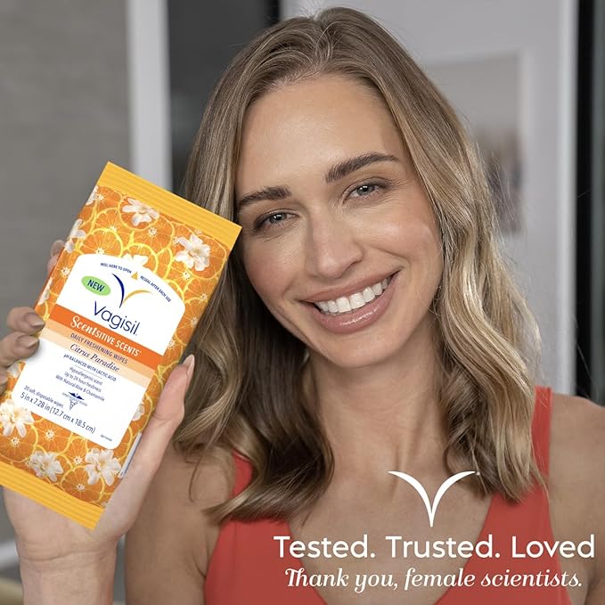 Vagisil Scentsitive Scents Daily Feminine Intimate Wipes for Women, Gynecologist Tested, Citrus Paradise, 20 Wipes in Resealable Pouch (Pack of 1)