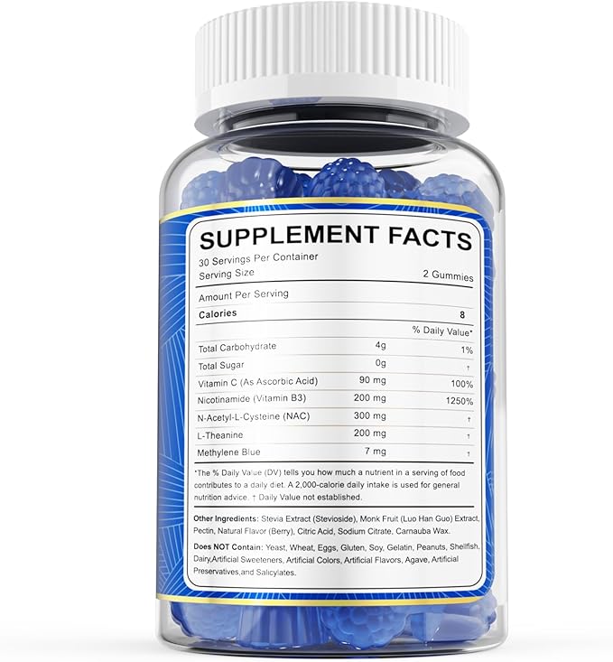 LILICARE Methylene Blue Gummies for Humans, Brain Supplement with NAC, VIT B3 & L-Theanine, Brain & Mitochondrial Support, Enhances Energy, Focus and Cognitive Clarity, Sugar Free, 120 Ct