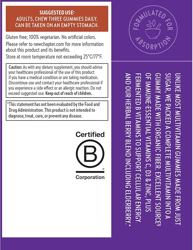 New Chapter Men’s Multivitamin Gummies, 57% Less Sugar, Men’s Gummy Vitamins with Vitamin C, D3 & Zinc, Non-GMO, Gluten Free, Berry-Citrus, 75ct