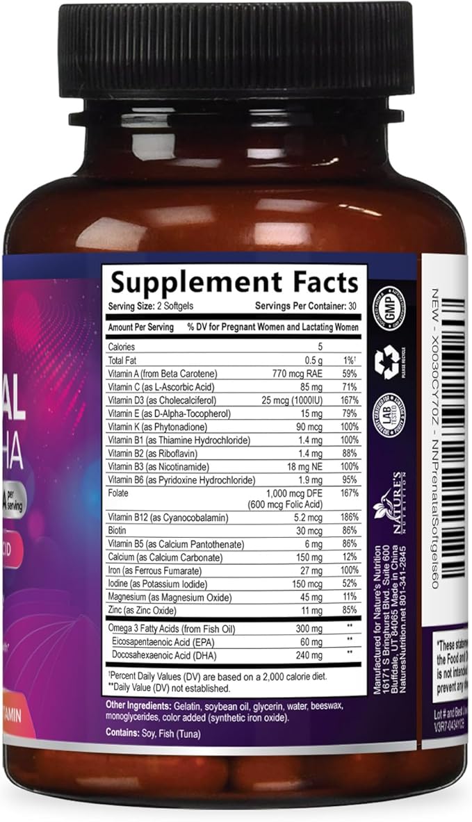 Prenatal Vitamins for Women with Folic Acid + Omega 3 DHA for Fetal Brain Development, Best Prenatal Vitamin Supplement, Daily Pregnancy Multivitamin Nutritional Support, Non-GMO - 60 Softgels