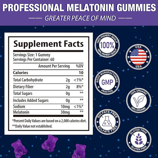Melatonin Gummies 30mg for Adults - Maximum Strength Melatonin Gummies for Relaxation & Soothing, Exogenous Melatonin Supplement with FOS for Immune, Gut Health and pH Balance, Sugar Free -120 Counts