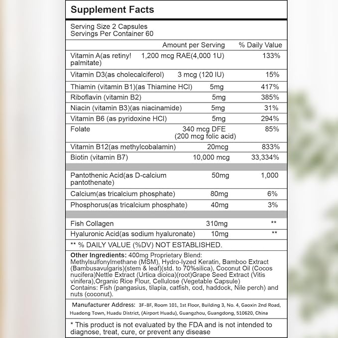 Biotin | Collagen | Hyaluronic Acid Supplement, Clinically Proven Hair Growth Support, Skin and Nails, 25000 mcg Vitamins B2, B3, B6 & B7 + B1 & Keratin Women & Men (120 Capsules)