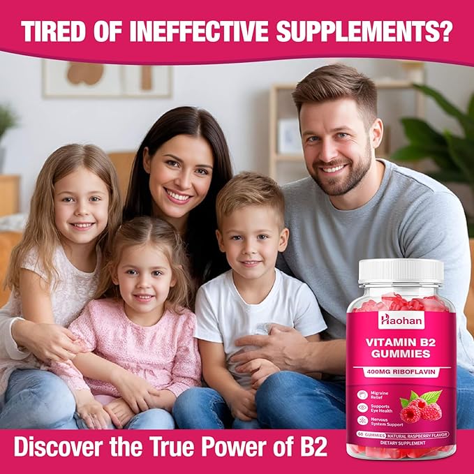 Haohan Vitamin B2 400mg with Magnesium Gummies for Migraine and Nervous System Support in Sugar-Free Vegan Raspberry Flavor, 60 Count for Adults and Kids
