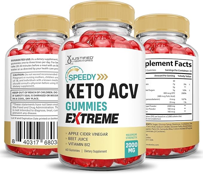 Justified Laboratories (3 Pack Speedy Keto ACV Gummies Extreme 2000MG Speedy Keto Gummies Advanced Formula Apple Cider Vinegar with Pomegranate Beet Juice Powder B12 Vegan Non GMO 180 Gummys