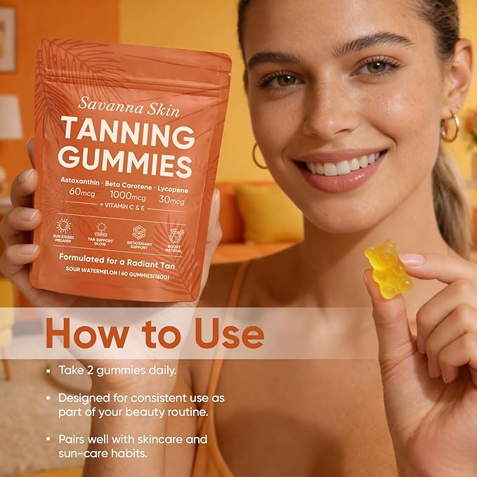 Savanna Skin Tanning Gummies, Astaxanthin, Beta Carotene & Lycopene Blend with Vitamins C & E, Radiant Healthy Skin, Sour Watermelon Flavor, Vegan & Sugar-Free, 60 Count