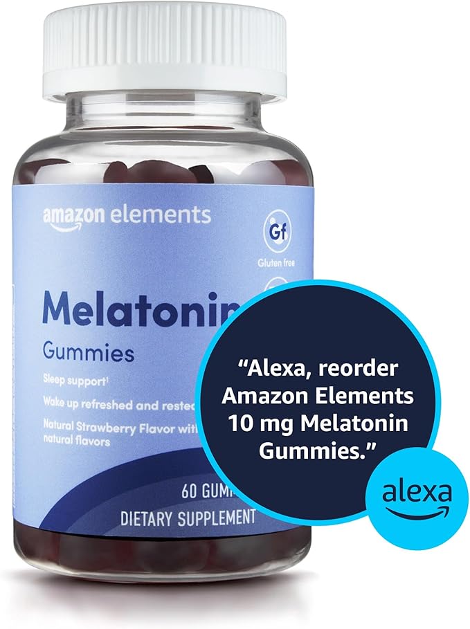 Amazon Elements Melatonin Gummies, Strawberry, Sleep Support, 10mg, 60 Count (Previously Revly)