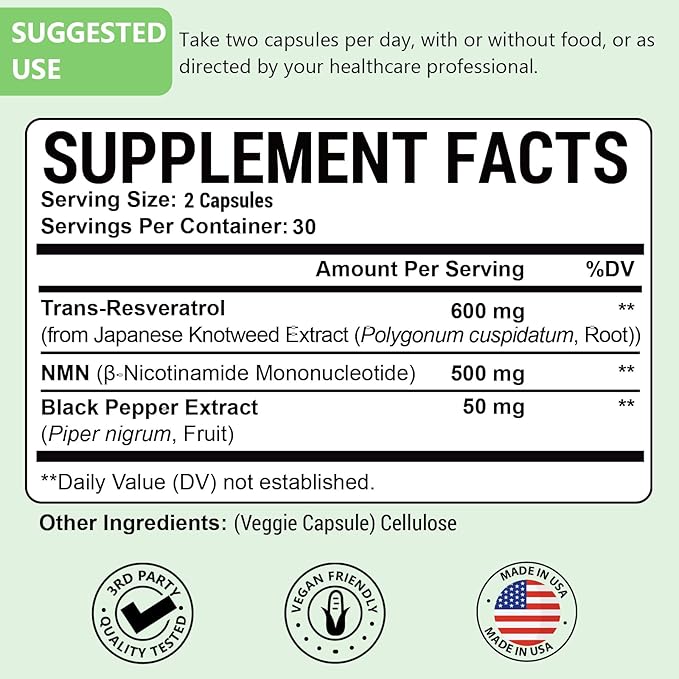 99% Ultra Purity NMN 500mg + Trans-Resveratrol 600mg, 1150mg NMN Resveratrol Supplement, 3-in-1 Advanced Formula for Boost* NAD, Cell, Immune, Energy & Muscle, Healthy Aging, Stabilized Form, 120 Caps