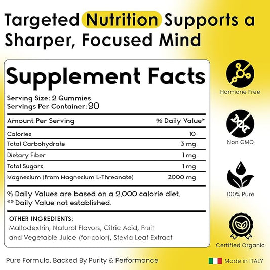 Magnesium L-Threonate Gummies for Adults & Kids 2000mg – Brain Supplements for Memory and Focus - 180 Count (Pack of 1)