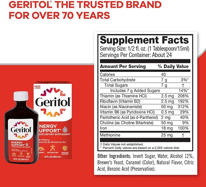Geritol Liquid Vitamin and Iron Supplement, Energy Support, Contains High Potency B-Vitamins and Iron, Pleasant Tasting, Easy to Swallow, No Artificial Sweeteners, Non-GMO, 12 Oz