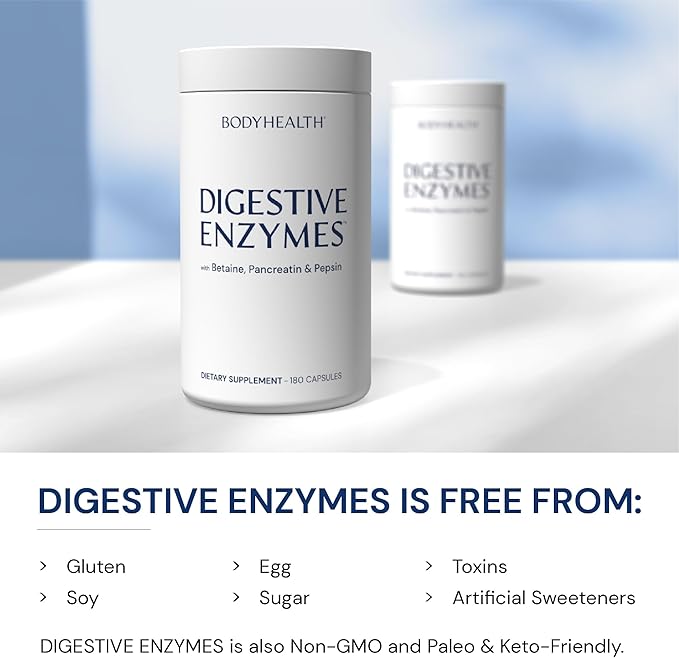 BodyHealth Digestive Enzymes Full Spectrum Digestive Support (180 caps), Betaine, Pepsin, Pancreatin BPP Loaded with Enzymes and Probiotics, Relief for Stomach Bloating, Heartburn, Gas, Constipation
