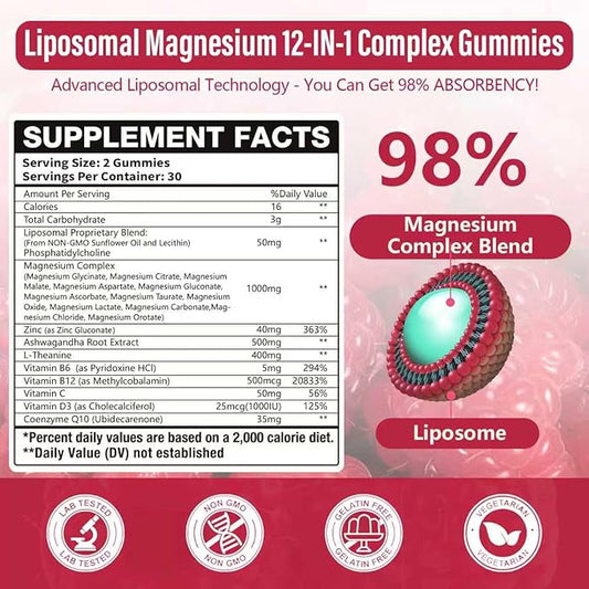 1 Pack Liposomal Magnesium Complex Gummies-as 12 Forms of Magnesium Citrate,Glycinate,Malate,Oxide,and More with Vitamin D3, B6,C, Ashwagandha & CoQ10 for Women and Men-Support Bone & Muscle 60 Cts