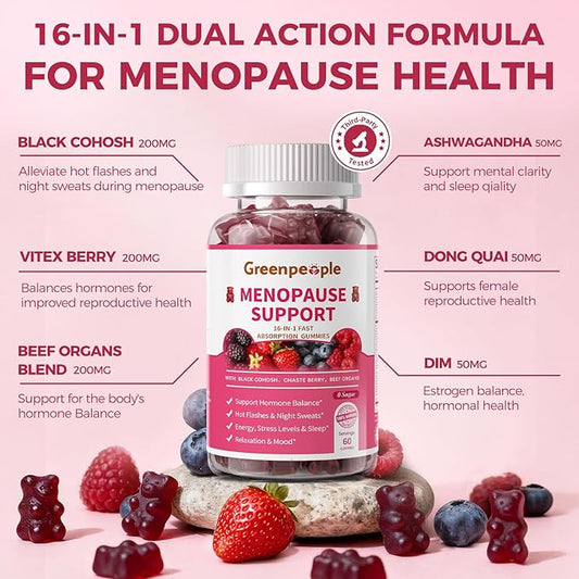 GREENPEOPLE Menopause Supplements for Women Gummies - 16-in-1 Dual Action Menopause Relief W/Black Cohosh, Vitex, Beef Organs for Hormone Balance, Hot Flashes, Night Sweats & Mood, Sugar-Free 60 CT