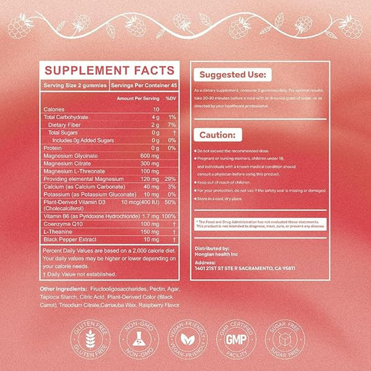 Magnesium Glycinate Gummies 400mg High Absorption Calm Magnesium Complex Gummies with Citrate L-Threonate 600mg Coq10, Vitamin D3 & B6-Sugar Free,Focus, Energy Balance,and Muscle Function 90