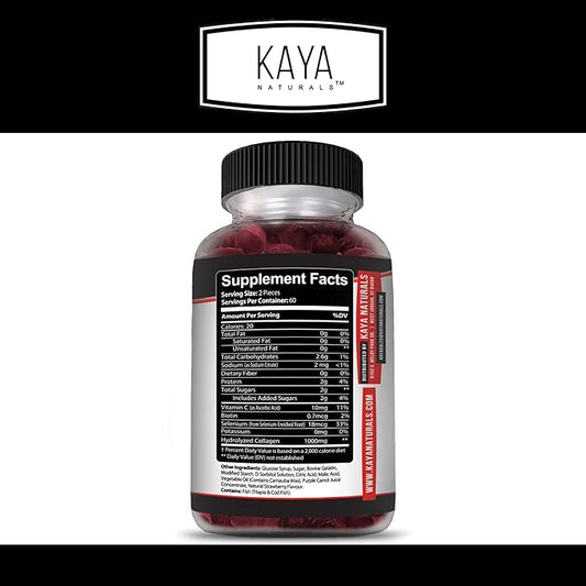 Kaya Naturals Collagen Gummy for Men & Women, 120 Count, 1000mg of Hydrolyzed Collagen, Vitamin C, Selenium & Biotin, Collagen/Strawberry Flavor (120 Gummies)
