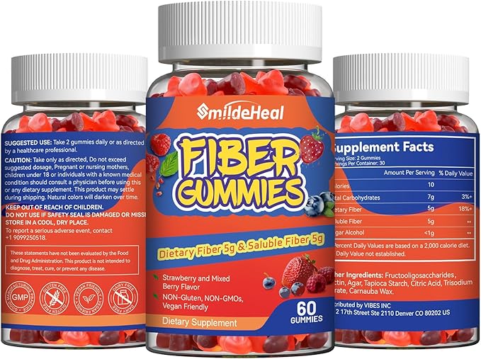 Fiber Gummies, Dietary Fiber, for Women and Men, Gut Health Support, Non-GMOs, Non-Gluten, Vegan, Mixed Berry and Strawberry Flavor, 60 Count Gummies