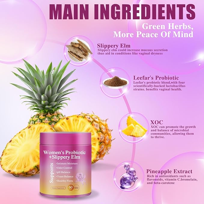 Her Juicy Feminine Probiotics Gummies for Women | Pineapple Flavor | Supports pH Balance, Gut Health & Immune System | with Slippery Elm, Prebiotics & Lactobacillus Blend | 60 Gummies (1pc)