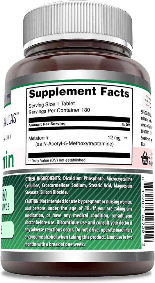 Amazing Formulas Melatonin Supplement | Unflavored | 12 Mg Per Serving | 180 Tablets | Non-GMO | Gluten-Free | Made in USA