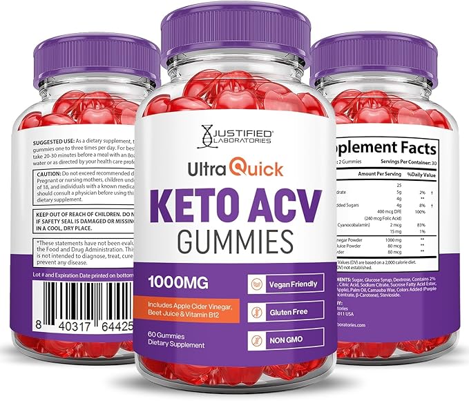 Justified Laboratories (3 Pack Ultra Quick Keto ACV Advanced Formula 1000MG Apple Cider Vinegar Formulated with Pomegranate Beet Juice Powder B12 Vegan Non GMO 180 Gummies
