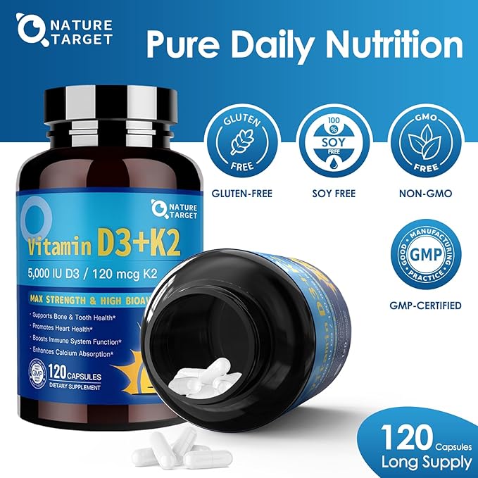 NATURE TARGET Vitamin D3 K2 with Calcium & Magnesium - 6-in-1 Complex - Max Strength for Bone, Heart & Immune - 5000 IU Vitamin D3, 120 mcg K2, Gluten-Free, 120 Servings