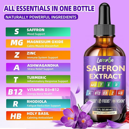 Saffron Extract for Anxiety Relief & Calm Mood Support | 88.5mg Saffron Supplement | Enhanced with Manganese for Brain & Stress Support | Vegan, Non-GMO, Alcohol-Free Tincture, Based in USA - 2 Oz