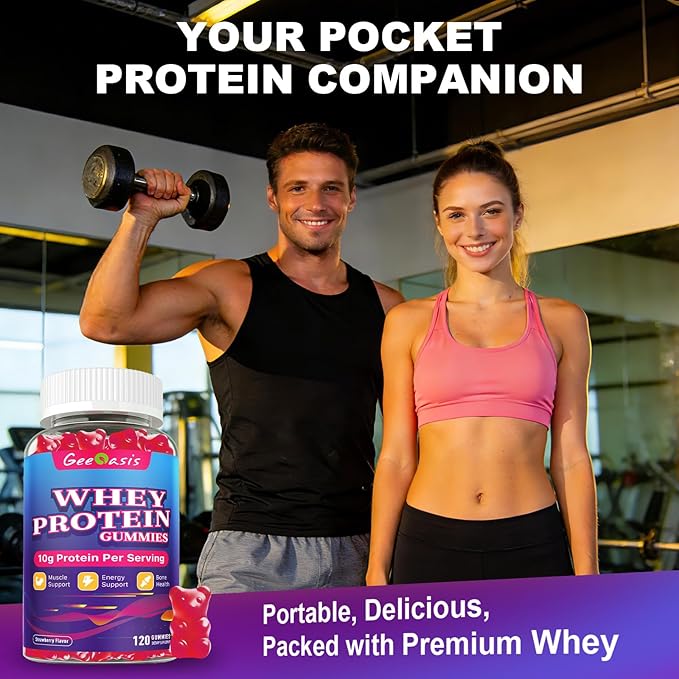 Whey Protein Gummies 10g, Protein Chewables Supplements for Women & Men, Muscle & Energy Support, Bone Health, Strawberry Flavor, 120 Count