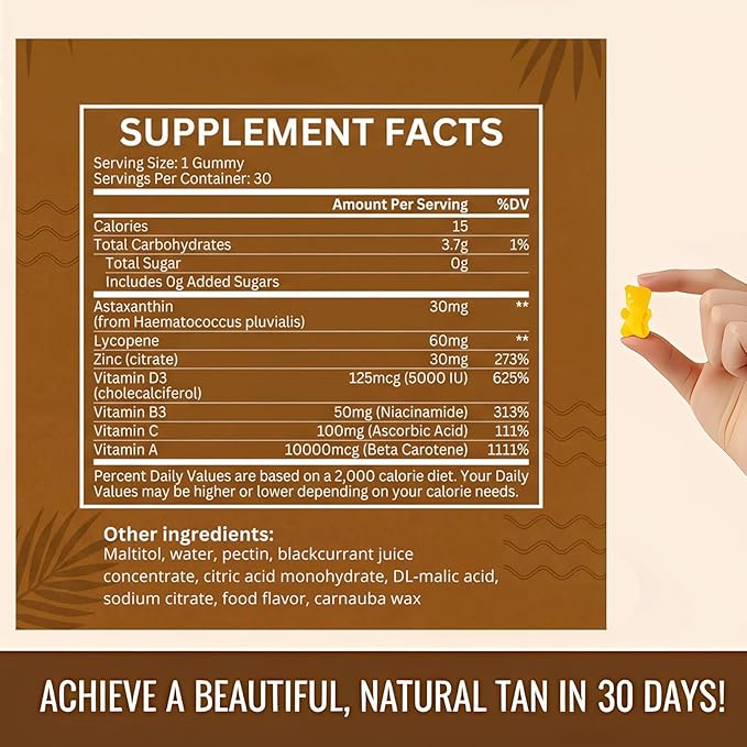 Tanning Gummies, Tanning Gummies for Women, with Astaxanthin Lycopene and Vitamins, Vegan & Sugar Free - 60 Count (1pcs)