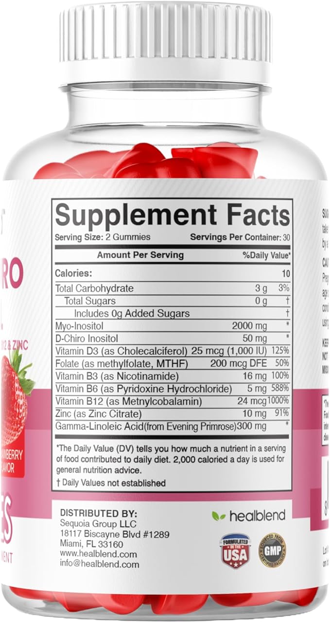 healblend Myo & D-Chiro Inositol Gummies - PCOS Support for Women, Hormone Balance, Fertility & Ovulation - with Methylfolate, Vitamin D3, Zinc, Evening Primrose - Strawberry, Sugar-Free, 60ct (3)