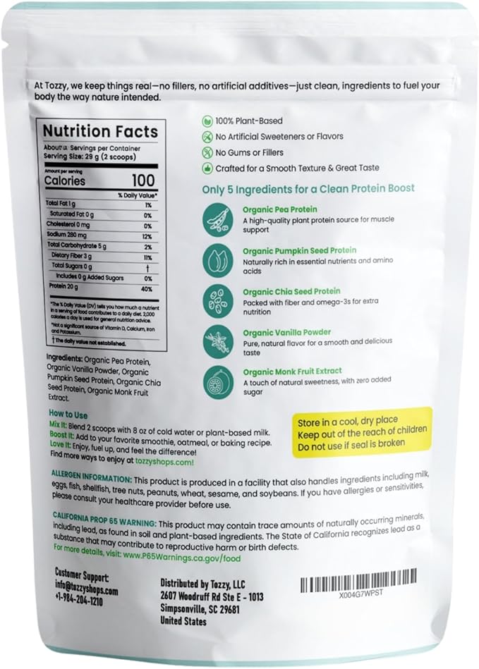 TOZZY Organic Vegan Protein Powder, Vanilla | 16 Servings | 20g Plant-Based Pea Protein | 5 Simple Ingredients | 0g Sugar | Keto | Gluten- & Dairy-Free (1 lb) - Packaging May Vary