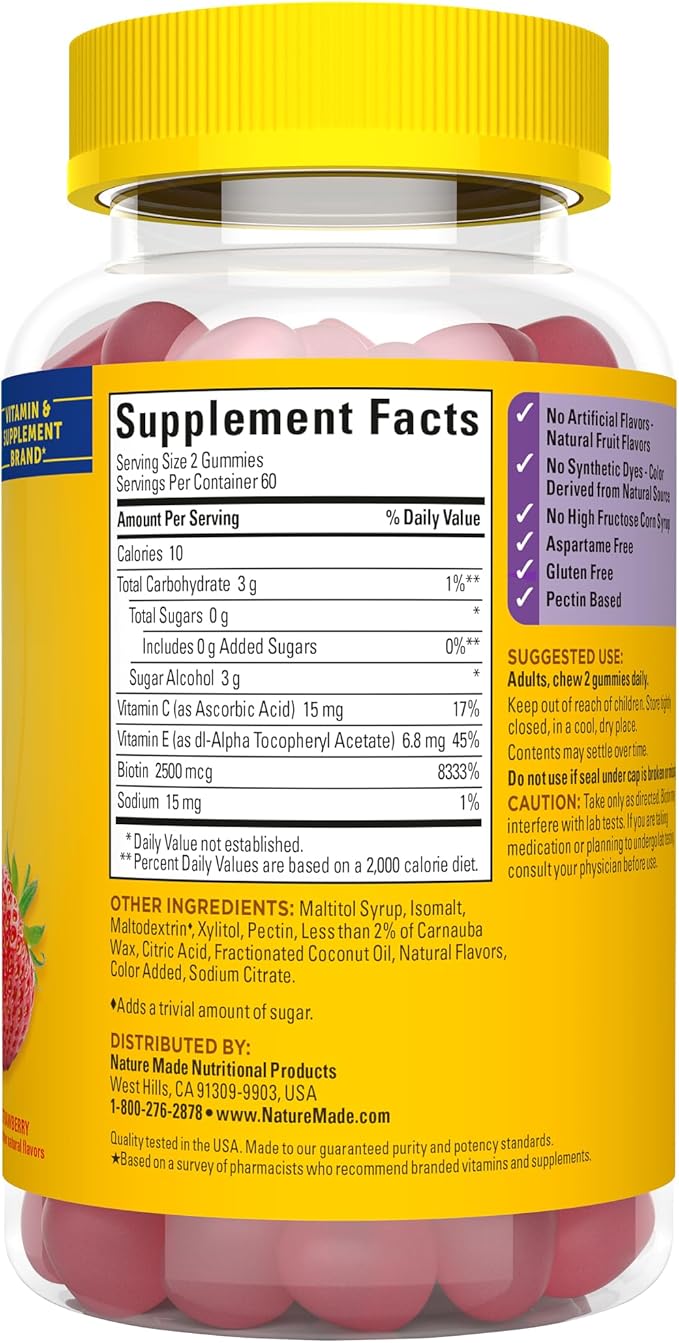 Nature Made Zero Sugar Hair Skin Nails Gummies,Biotin 2500 mcg per Serving,120 Sugar Free Gummies,60 Day Supply,(Pack of 2)