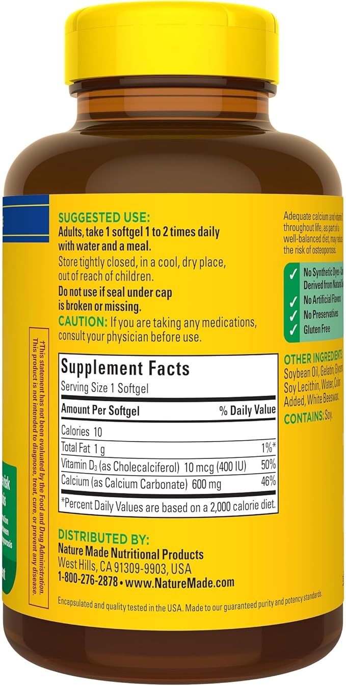 Nature Made Calcium 600 mg with Vitamin D3, Dietary Calcium Supplement for Bone Support, 100 Softgels