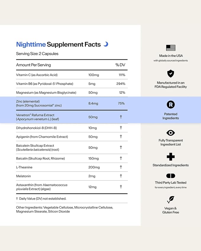 STASIS Nighttime Supplement for Men & Women with Magnesium, Melatonin, Zinc & Botanical Extracts, Evening Routine Support Capsules for Bedtime Use, Vegan, Non GMO, 25 Servings, 1 Month Supply