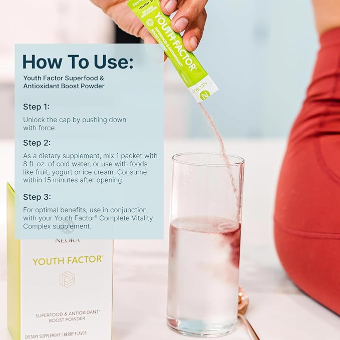 NEORA Youth Factor - Superfood Boost Powder - pH Balance, Hair Skin Nails Support, Fruits & Veggies Equivalent, Nutrient Absorption - 30 Packets