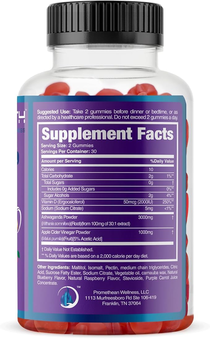 Ashwa ACV Pro Health - Sugar Free Apple Cider Vinegar Gummies with Ashwagandha, Advanced Keto, Stress Relief Supplements with Vitamin D, 1g Carbs Per Gummy (60 Count)