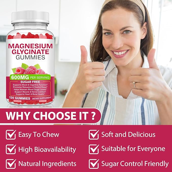 Magnesium Glycinate Gummies 120 Count - Sugar Free Magnesium Supplement - Supports for Sleep, Memory, Mood, Muscle, Relaxation, Heart & Bone Health