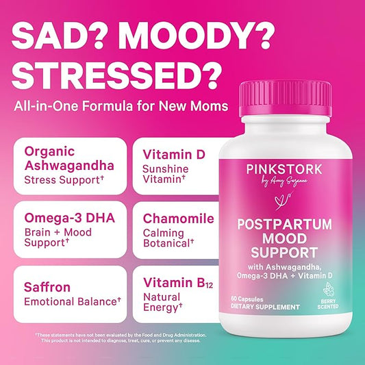 Pink Stork Postpartum Mood Support - Postnatal Hormone Balance for Women - Breastfeeding Friendly New Mom Essentials - Ashwagandha, Chamomile, & Vitamin D - Stress & Mood, 60 Capsules