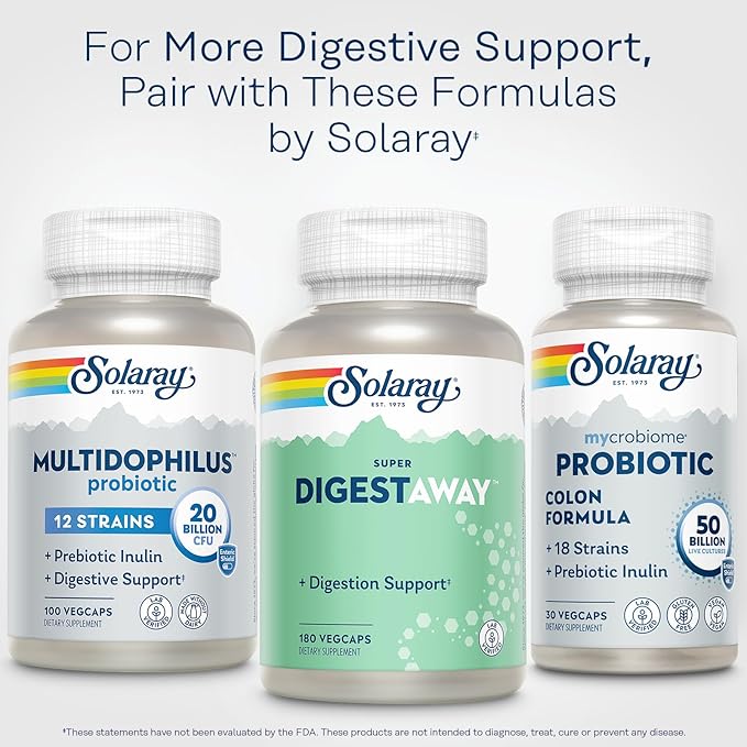 SOLARAY Super Digestaway Digestive Enzymes - Pancreatin, Papain, Ginger, Pepsin, Betaine HCl, Aloe Vera, and More - Digestion & Nutrient Absorption Support - Lab Verified - 180 VegCaps