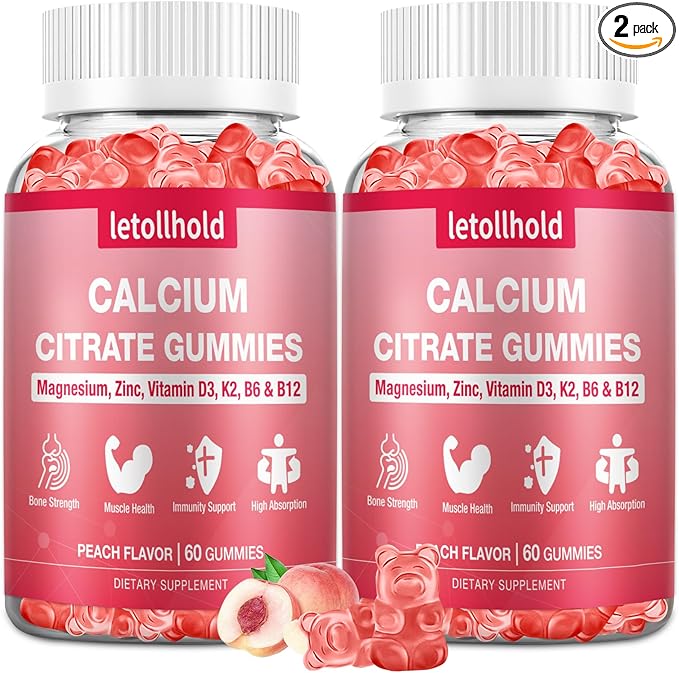 Calcium Citrate Gummies - 1200mg Calcium Gummies with Magnesium Zinc Vitamin D3,K2, B6, B12 for Bone, Muscle, Joints, Immune Support, High Absorption Calcium Supplements for Women Peach Flavor