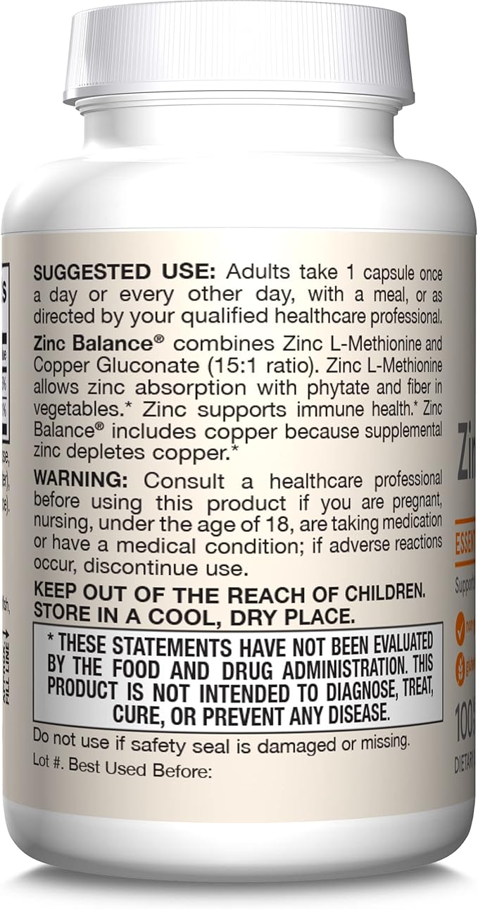 Jarrow Formulas Zinc Balance 15 mg - 100 Servings (Veggie Caps) - Zinc with Copper - Essential Minerals for Immune System Support - Immune Support Supplement - Gluten Free Copper Supplement, Vegan
