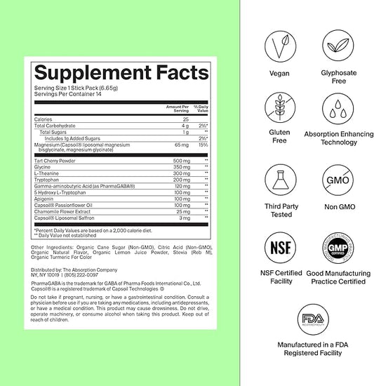 Sleep Aid Powder - Calming Drink for Deep Sleep with Liposomal Saffron, Magnesium & PharmaGABA Melatonin-Free Natural Supplement to Reduce Stress and Improve Sleep Quality Chamomile Lemonade 7 Sticks
