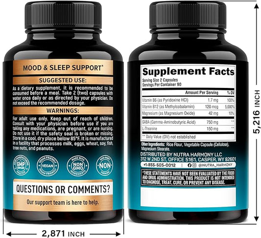 GABA L-Theanine 900 mg - Made in USA - Magnesium | Vitamin B6 - Calm, Sleep, Relaxation & Mood Support - 750 mg Gamma AminoButyric Acid, 150 mg L-Theanine - Non-Habit Forming, Vegan - 180 Capsules