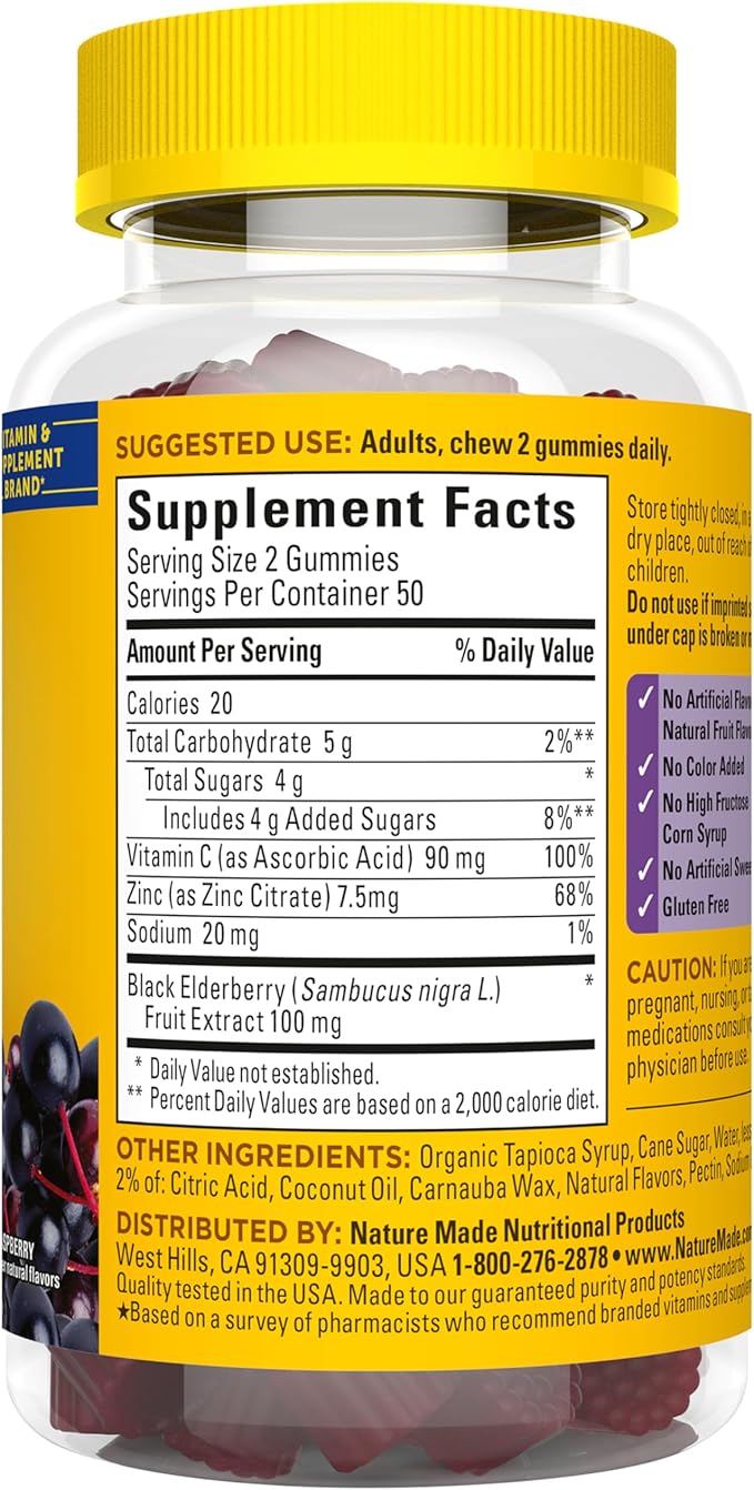 Nature Made Elderberry Gummies with Vitamin C and Zinc, Dietary Supplement for Immune Support, 100 Elderberry Gummies, 50-Day Supply
