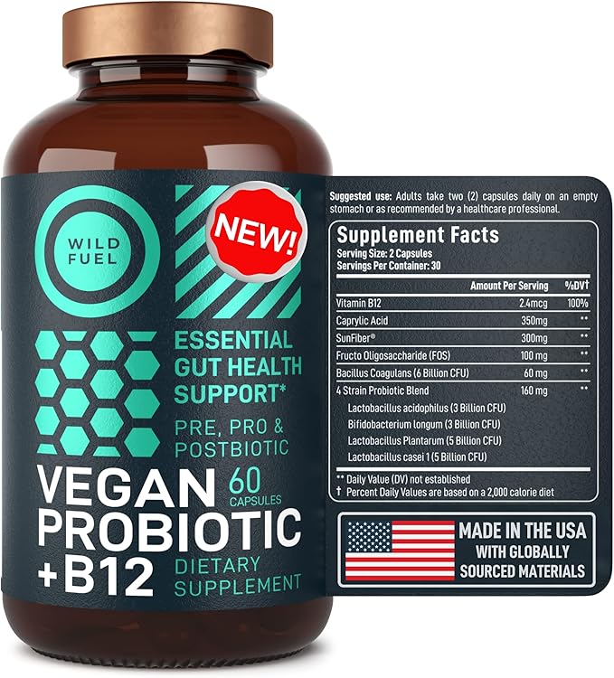 Vegan Probiotic Plus B12 & FOS - 22 Billion CFU Synbiotics Prebiotics and Probiotics for Digestive Health, IBS, Mood Support - B12 Pre Pro Post Biotics for Women & Men - 60 Gluten-Free Capsules