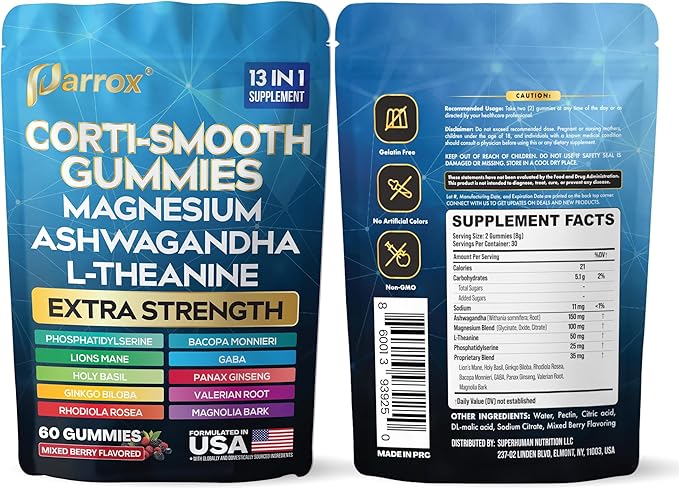 Corti-Smooth Cortisol Support Gummies with Magnesium, L-Theanine, Ashwagandha, Phosphatidylserine, Bacopa Monnieri, Lions Mane, Ginkgo Biloba, Valerian Root (60 Gummies - Mixed Berry Flavor)