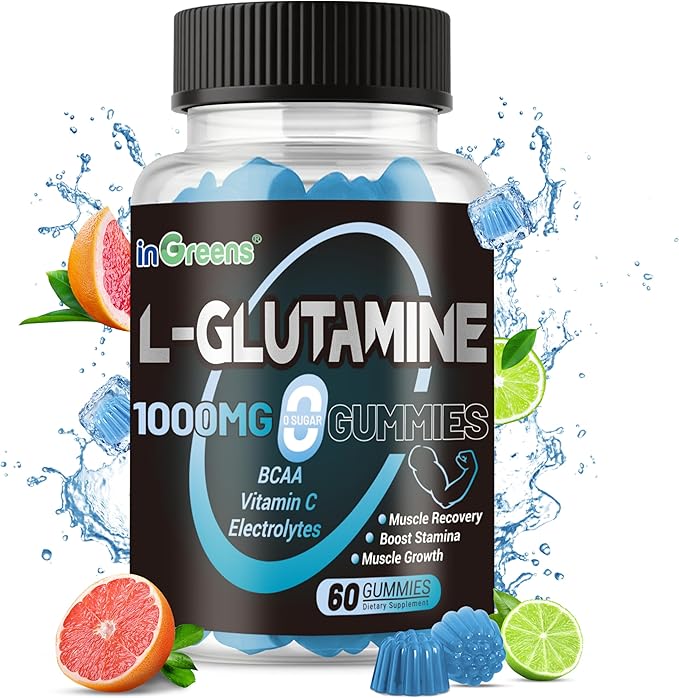 L-Glutamine Gummies 1000mg with BCAA, Potassium, Magnesium & Vitamin C, Muscle Recovery, Endurance Support & Daily Nutrition, Portable Supplement for Men&Women, Lime Grapefruit Flavor, 60 Count